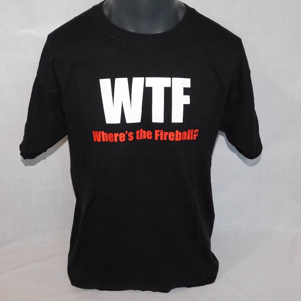 WTF Where's The Fireball Cinnamon Whisky Mens L Black Graphic Promotional Shirt